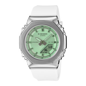 Casio G-Shock GMS2110SR-7A watch, front view of a polished silver tone octagon with a mint green dial and a white band