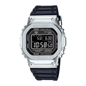Casio G-Shock Full Metal GMWB5000-1 watch, front view of a brushed silver tone square case with a black display and holed strap