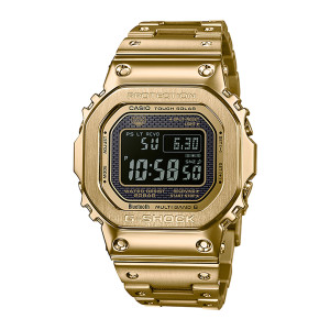 Casio G-Shock Full Metal GMWB5000GD-9 watch, front view of a gold tone square case with a black display and round corner studs