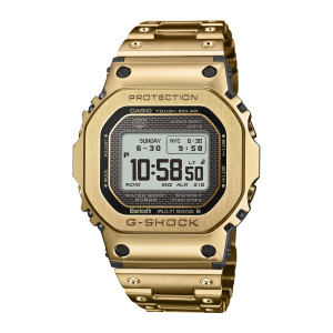 Casio G-Shock Full Metal GMWBZ5000GD-9 watch, front view of the gold tone square case, four black corner pegs and brick pattern panel