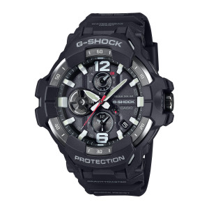 Casio G-Shock Master of G Gravitymaster GRB300-1A watch, front view of a black resin look watch with a red second hand and two small sub dials