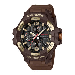 Casio G-Shock Master of G Gravitymaster GRB300H-5A watch, front view of a dark brown case with gold tone ring, tan markers and red seconds hand