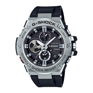 Casio G-Shock G-Steel GSTB100-1A watch, front view of a brushed silver tone bezel with slotted screws around a black dial