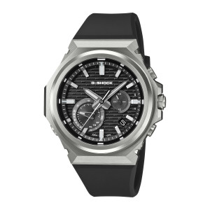 Casio G-Shock G-Steel GSTB1000-1A watch, front view of a silver tone octagonal case with a grooved black dial and two small sub dials