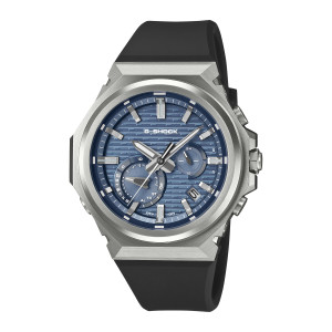Casio G-Shock G-Steel GSTB1000-2A watch, front view of a faceted silver tone case with a blue ridged dial and black band