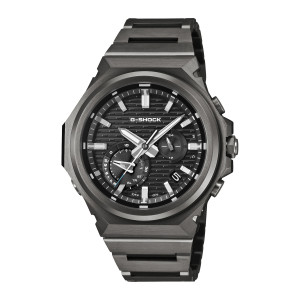 Casio G-Shock G-Steel GSTB1000BD-1A watch, front view of the louvered black dial inside a dark gray octagonal case