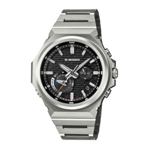 Casio G-Shock G-Steel GSTB1000D-1A watch, front view of the faceted silver tone case, ribbed black dial and flat link bracelet