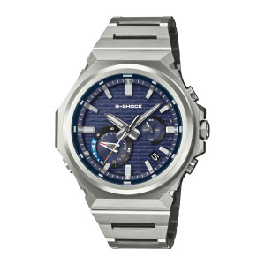 Casio G-Shock G-Steel GSTB1000D-2A watch, front view of an octagonal metal case with a navy ridged dial and two sub dials