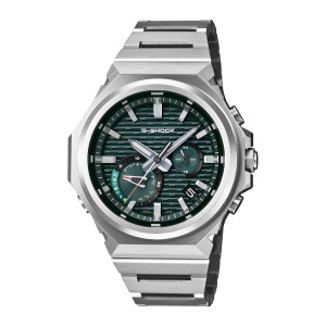 Casio G-Shock G-Steel GSTB1000D-3A watch, front view of the green ridged dial inside a polished round bezel on a faceted octagonal case