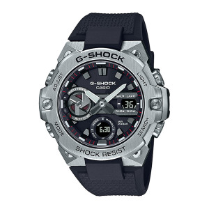 Casio G-Shock G-Steel GSTB400-1A watch, front view of a black dial with red tick lines inside a brushed silver tone faceted bezel
