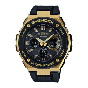 Casio G-Shock G-Steel GSTS100G-1A watch, front view of a gold tone faceted case, black bezel with four screws and three round digital panels