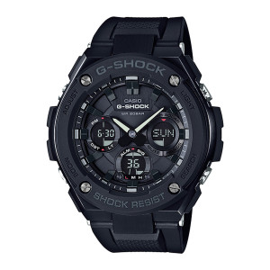 Casio G-Shock G-Steel GSTS100G-1B watch, front view of black faceted case with four silver screws and three small digital windows