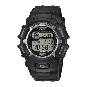 Casio G-Shock GW2310U-1 watch, front view of the round gray display, polished silver tone ring and four angular guards