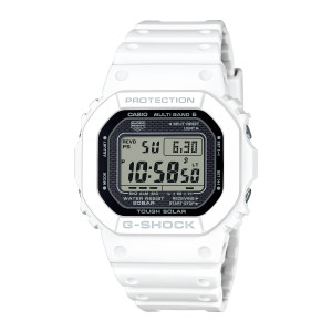 Casio G-Shock GW5000HS-7 watch, front view of the white case, black frame and pale gray screen with black digits