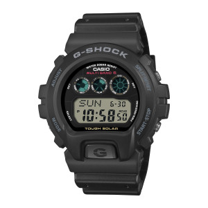 Casio G-Shock GW6900U-1 watch, front view of three teal round gauges above a wide gray display in a matte black case