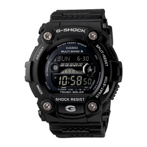 Casio G-Shock GW7900B-1 watch, front view of an all black digital watch with four silver tone screws at the corners