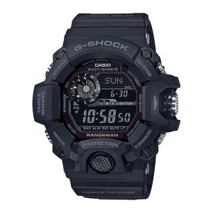 Casio G-Shock Master of G Rangeman GW9400-1B watch, front view of the black case with corner screws, dark digital screen and textured round bottom button