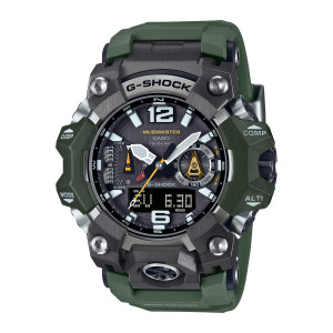Casio G-Shock Master of G Mudmaster GWGB1000-3A watch, front view of an olive green band and guards around a dark case with a textured black dial