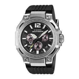 Casio G-Shock Master of G Gravitymaster GWRB3000-1A watch, front view of the black grid dial with three plum sub dials and lime second hand