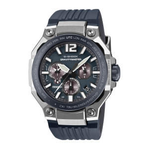 Casio G-Shock Master of G Gravitymaster GWRB3000A-2A watch, front view of the navy bezel ring with city names around a navy textured dial