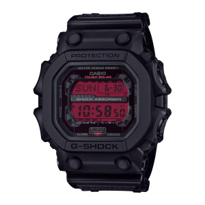 Casio G-Shock GX56BBR-1 watch, front view of the clipped square case, four round pegs and red digital panel