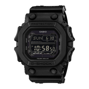 Casio G-Shock GX56UBB-1 watch, front view of the matte black square case, four round pegs and ridged side button guards