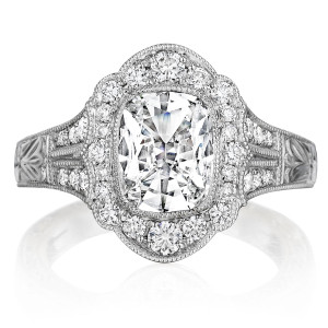 Henri Daussi AFL Cushion Halo Antique Engraved Diamond Engagement Ring