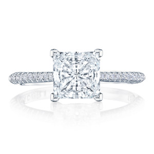 HT2581PR65W top view, princess cut center stone on a slim pave diamond band