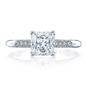 HT2582PR Platinum top view, princess cut center with pave panels along a slim white metal band