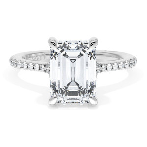 HT2585EC9x65W top view, emerald cut center with slim pave band in white metal