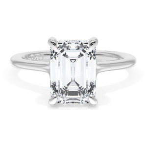 HT2588EC9x65W top view, emerald cut center stone in four claw prongs on a plain white gold band
