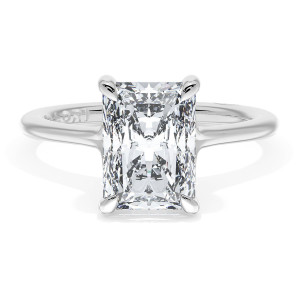 HT2588RAD9x65 Platinum ring top view, radiant cut center stone in four prongs on a plain polished band