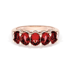 HT2639PK65RB14 rose gold wedding band, angled top view showing five oval red rubies