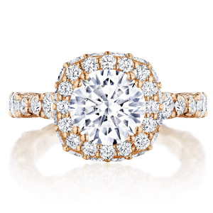 Tacori RoyalT 18 karat rose gold engagement ring with cushion-cut center and signature diamond bloom
