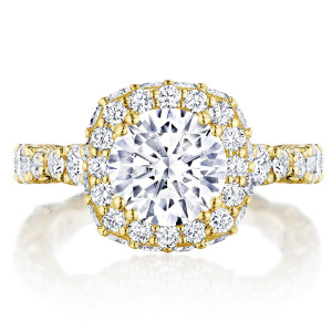 Tacori RoyalT 18 karat yellow gold engagement ring with cushion-cut center and signature diamond bloom