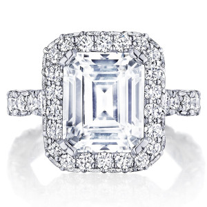Tacori RoyalT HT2653EC105X85 18 karat white gold engagement ring with emerald-cut center and signature diamond bloom