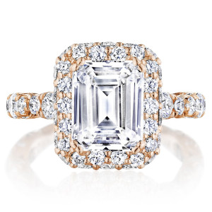 Tacori RoyalT 18 karat rose gold engagement ring with emerald-cut center and signature diamond bloom