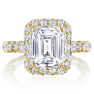 Tacori RoyalT 18 karat yellow gold engagement ring with emerald-cut center and signature diamond bloom