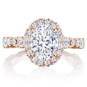 Tacori RoyalT 18 karat rose gold engagement ring with oval center and signature diamond bloom