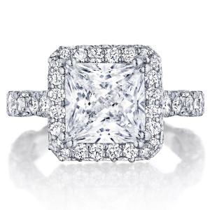 Tacori RoyalT HT2653PR85 18 karat white gold engagement ring with princess-cut center and double diamond bloom