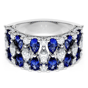 HT269375BS212 Platinum wedding band, top view of alternating blue sapphires and marquise diamonds