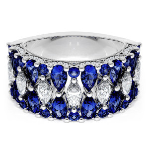 HT269375BS312 Platinum wedding band, top view of clustered blue sapphires with marquise diamond breaks
