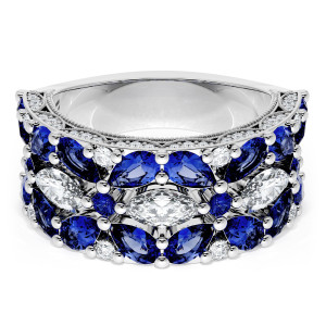 HT269475BS212 Platinum wedding band, top view of layered blue sapphires with marquise diamond accents