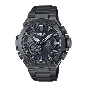 Casio G-Shock MR-G MRGB2000B-1A1 watch, front view of a blackened round case with three small sub dials and tri lobed corner screws