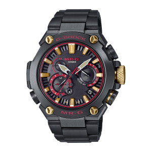 Casio G-Shock MR-G MRGB2000B-1A4 watch, front view of a black octagonal case with red ringed sub dials and gold-tone batons