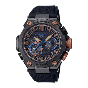 Casio G-Shock MR-G MRGB2000R-1A watch, front view of a mottled gray bezel with copper tone screws and blue ringed sub dials