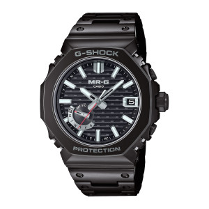 Casio G-Shock MR-G MRGB2100B-1A watch, front view of the glossy black octagon, slatted dial and red second hand