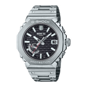 Casio G-Shock MR-G MRGB2100D-1A watch, front view of the brushed octagonal bezel, slatted black dial and red second hand