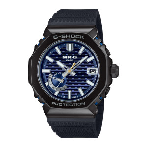 Casio G-Shock MR-G MRGB2100R-2A watch, front view of the polished black octagon, blue slatted dial and curved day scale