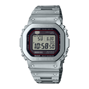 Casio G-Shock MR-G MRGB5000D-1 watch, front view of a silver tone square case with a red outlined display and round studs
